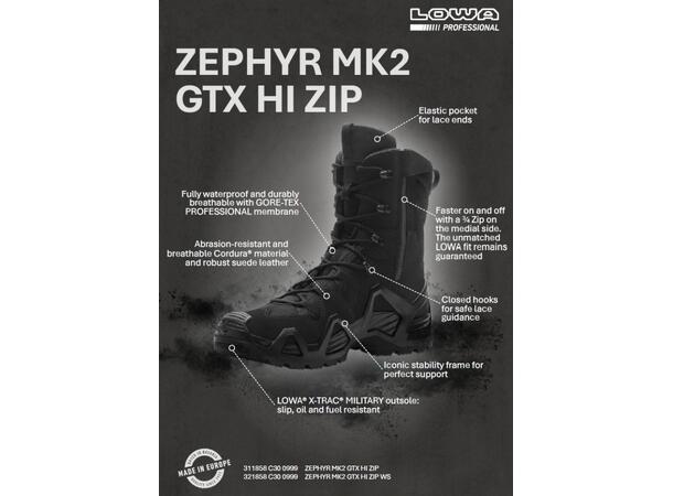 LOWA ZEPHYR MK2 GTX HI ZIP Svart 9 Hög känga med dragkedja 
